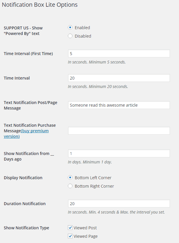 Notification Box Lite Options