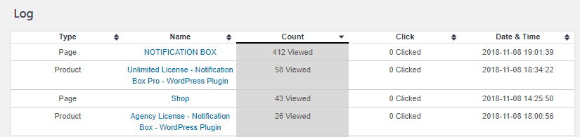 Notification Box - Social Proof WordPress plugin Sort Logging Information